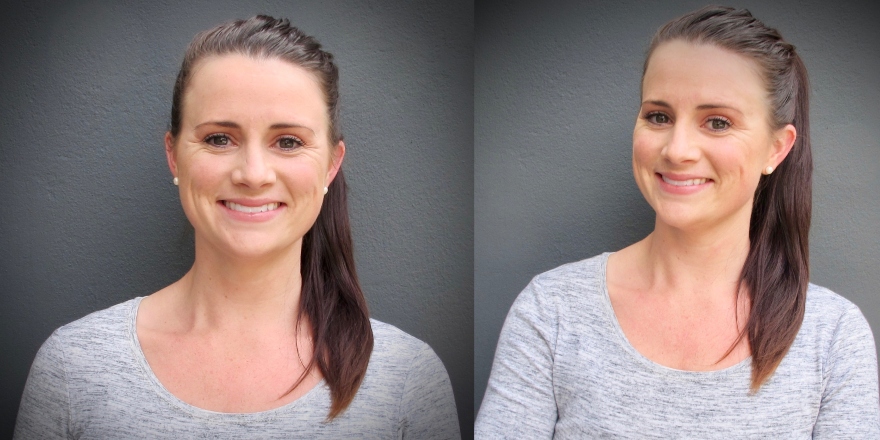 Brunette woman with ponytail in grey long sleeve top - two headshot images.