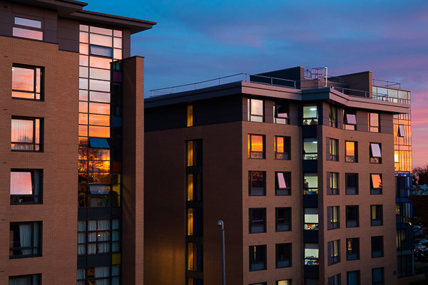 Fountains Court accommodation during a sunset.