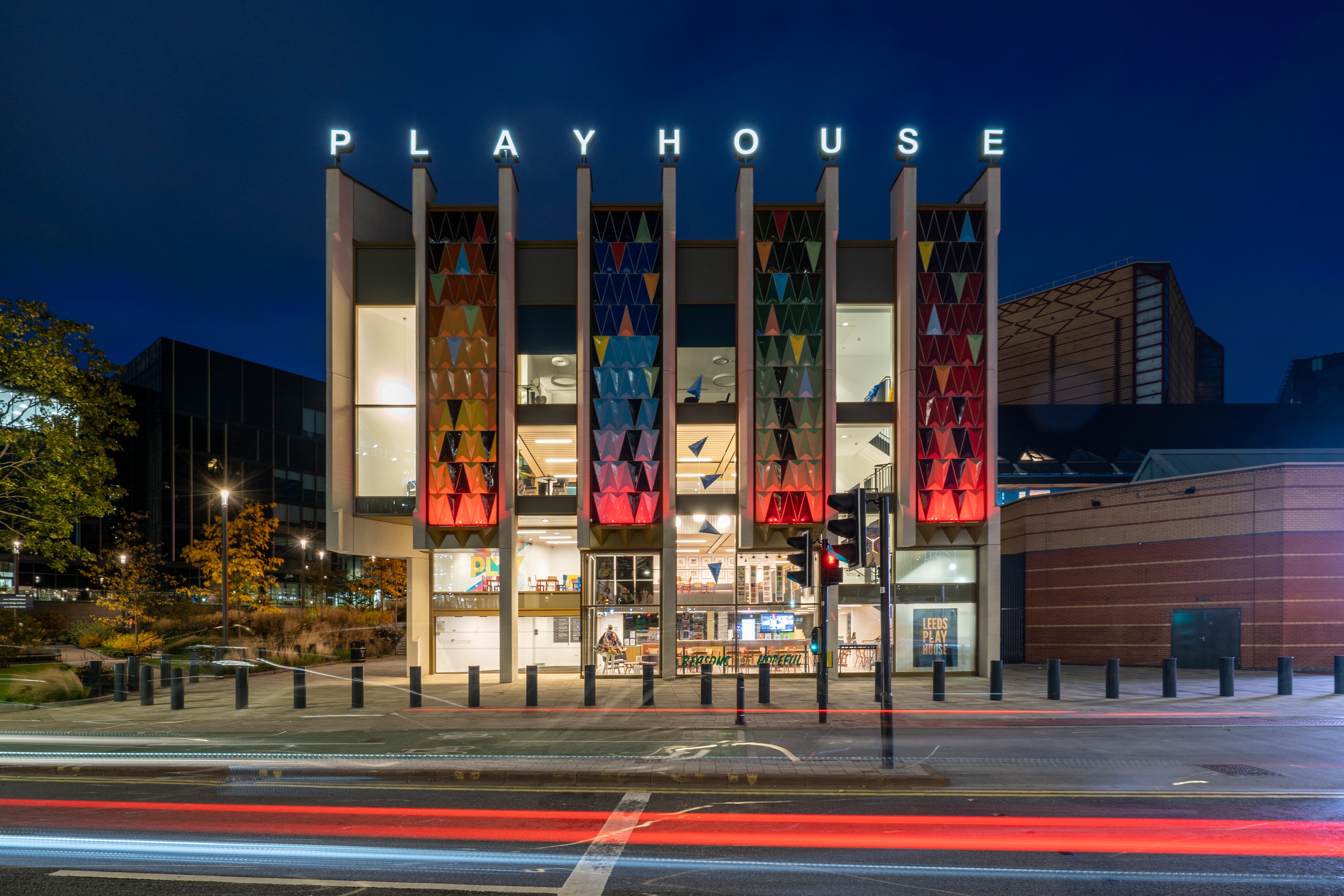 Leeds Playhouse at night.