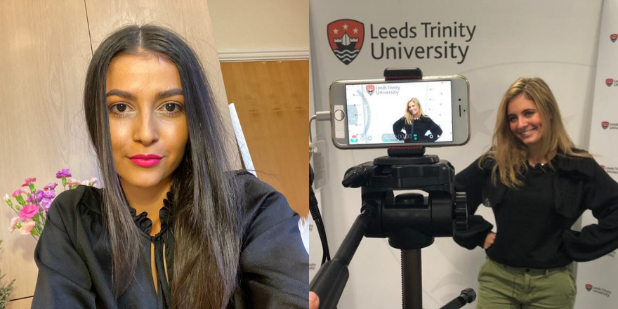 Split screen picture of two female students, left with long dark hair and right stood in front of phone recording with long blonde hair.