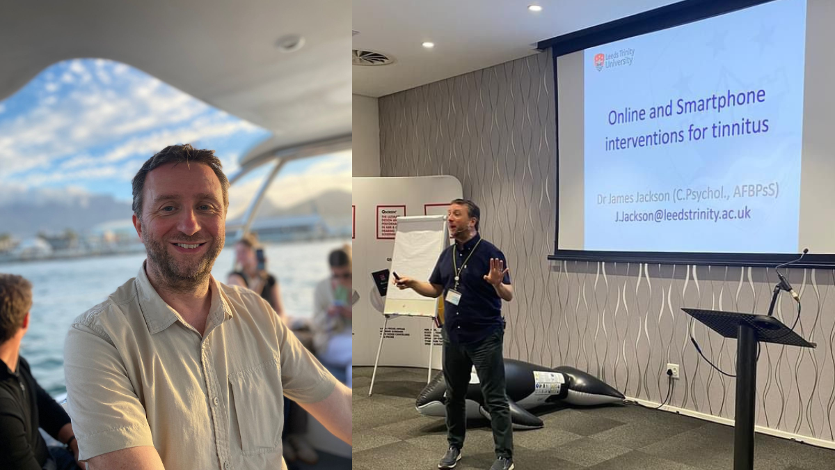 A collage showing a man smiling on a sunny day and the same man presenting at a conference, pointing to a slide that reads Online Smartphone Interventions for Tinnitus;.