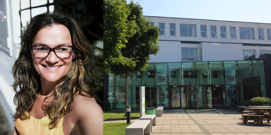 two images, one of leeds trinity campus on the right next to female with blonde hair and glassses.